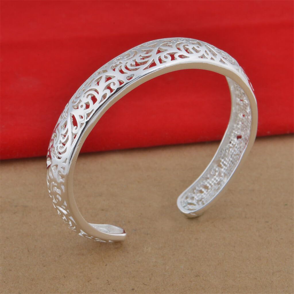 Bracelets, Women's 925 Sterling Silver Bezel Hollow Cuff Bangle Open Bracelet Jewelry Gift Durability and Attraction