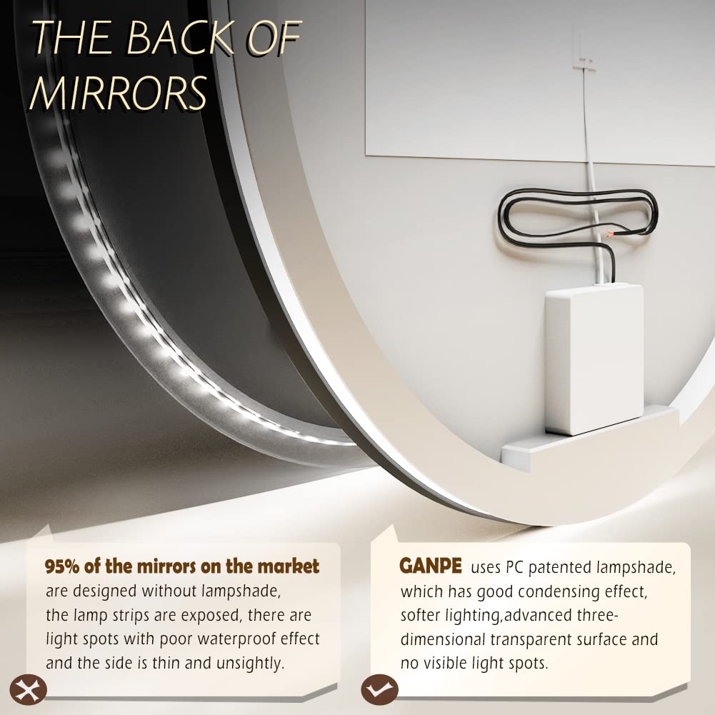 GANPE LED Sensor Mirror, Round Human Body Induction, Black Framed Vanity Mirror, Illuminated Dimmable Anti Fog IP44 Waterproof Wall Mounted Mirror (32" L x 32" W)