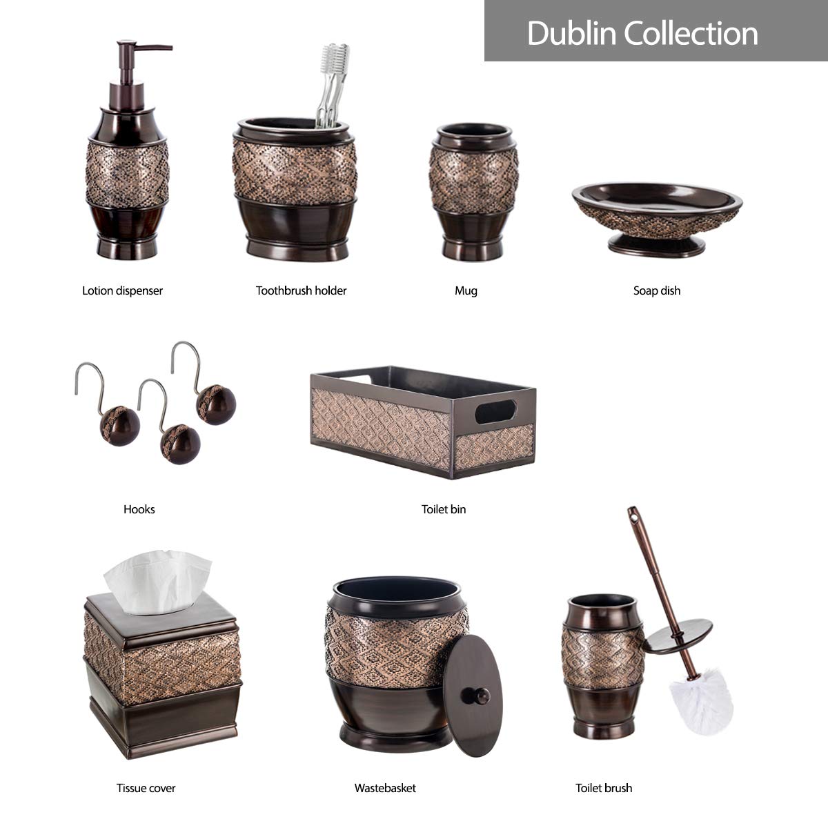 Creative Scents Dublin Brown Bathroom Accessories Set Complete - 4 Pc. Bathroom Sets Accessories, Luxury Bathroom Accessory Set - Soap Dispenser, Soap Dish, Tumbler & Toothbrush Holder Set