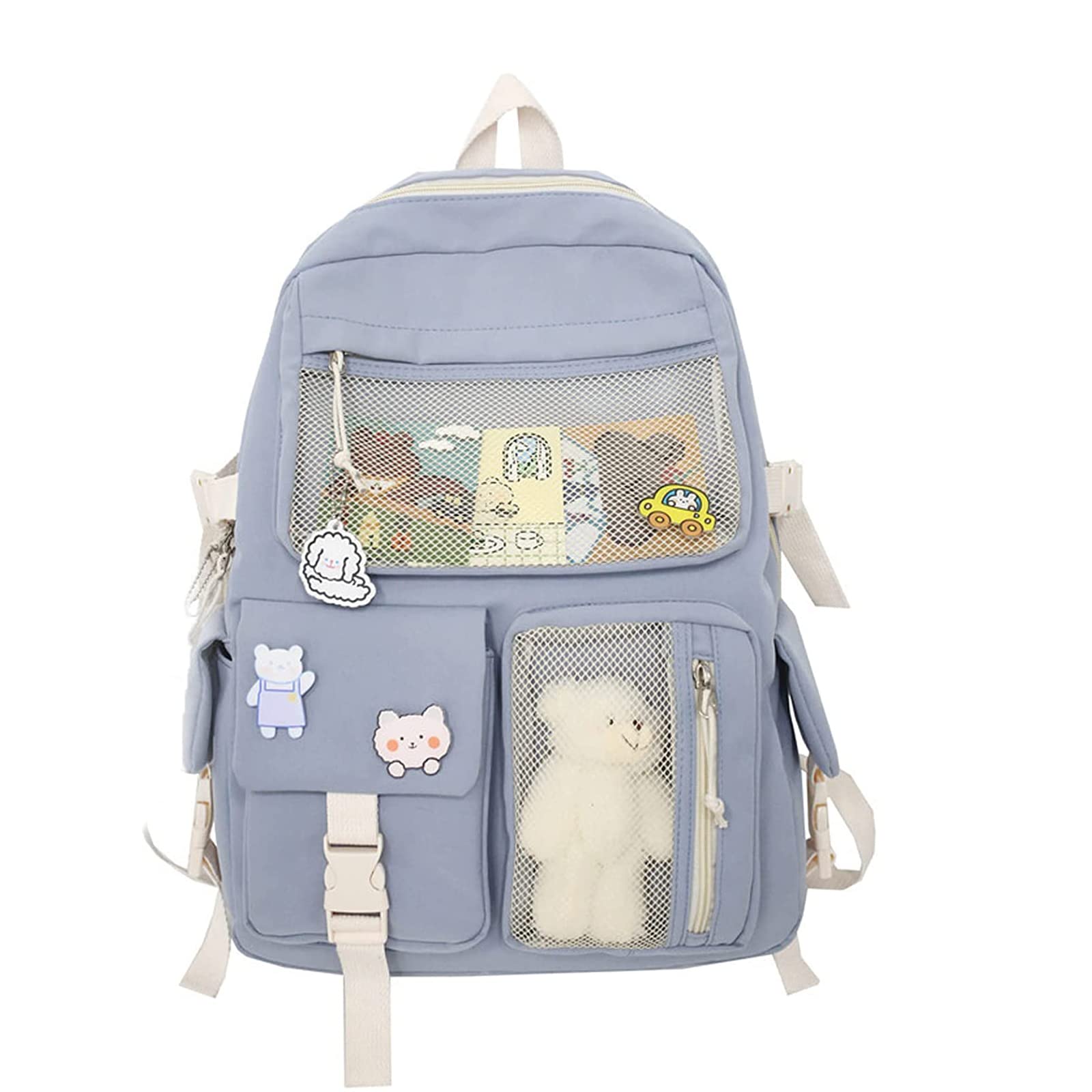 Eagerrich Cute Backpack with Cute Pin Accessories Plush Pendant for School Bag Student Girl Backpack Super-Capacity Waterproof Travel Backpack(Blue)