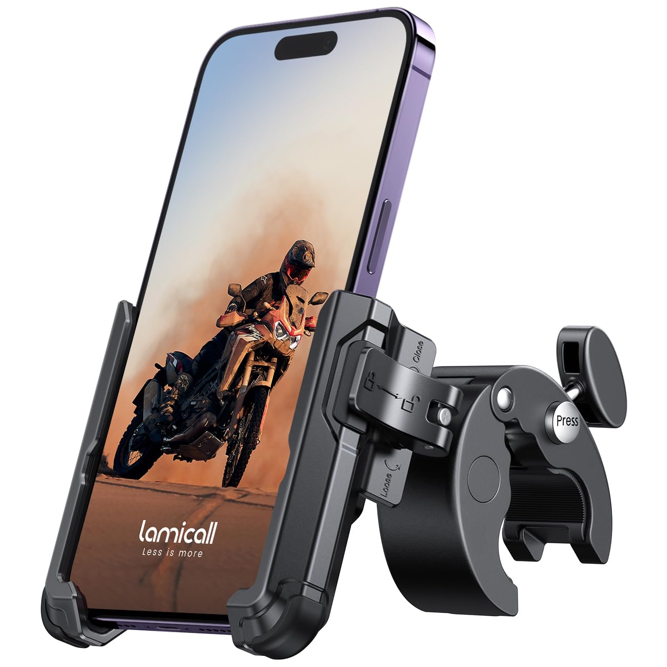 Lamicall Motorcycle Phone Mount Holder - [Camera Friendly] [1s Lock] Bike Phone Holder Handlebar Clamp, Bicycle Scooter Phone Clip, for iPhone 16 Pro Max, 15 14 13 Mini, 2.4~3.54" Wide Phones, Black