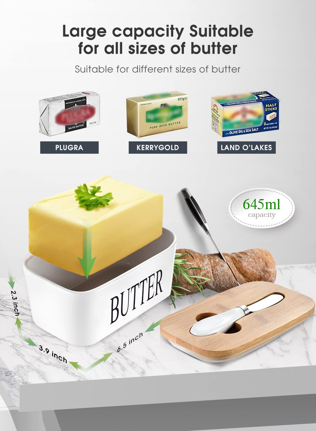 Butter Dish, Butter Dish with Lid for Countertop, Large Butter Dish Ceramics Butter Keeper Container with Knife and High-Quality Silicone Sealing Butter Dish for Home Decor Good Kitchen Gift White