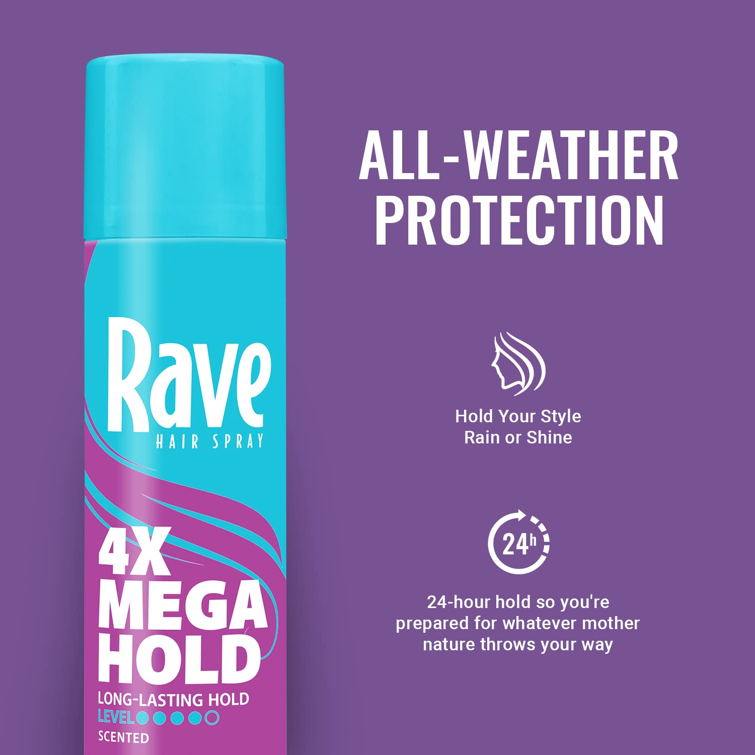 Scented Aerosol Hairspray by Rave - 1 Pack of 4X Mega Hair Spray for Heat Protection, Volume and Shine - ClimaShield for Extra Humidity and Long-Lasting Firm Hold - Minimizes Frizz