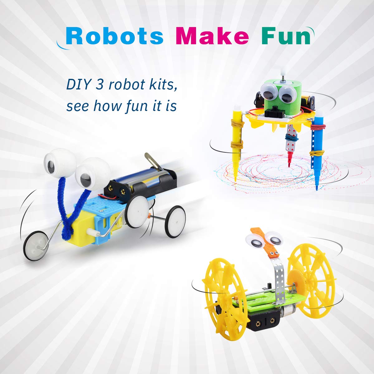 Giggleway Electric Motor Robotic Science Kits, DIY STEM Toys for kids, Building Science Experiment Kits for Boys and Girls-Doodling, Balance Car, Reptile Robot (3 kits)