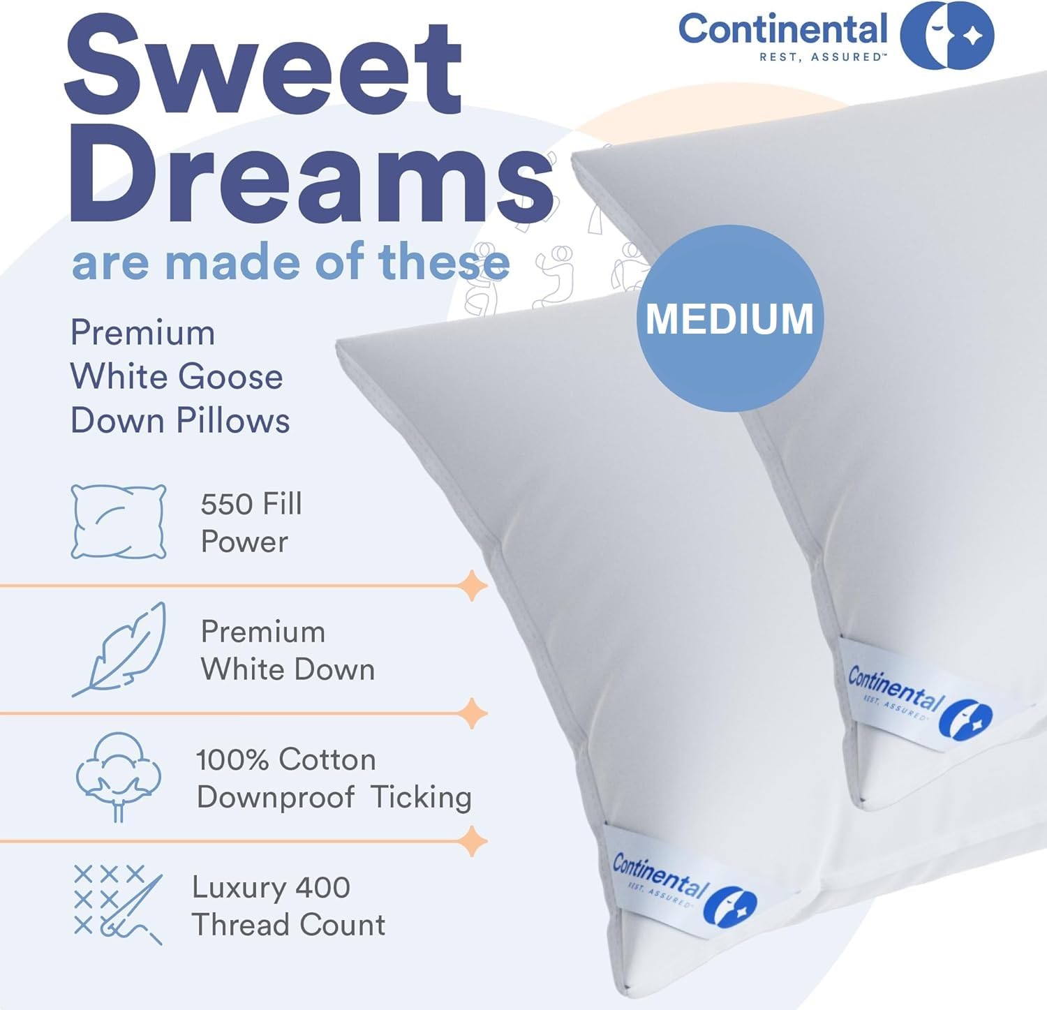 Continental Bedding | Harmony White Down Pillow | 550 Fill Power | 400 Thread Count Cotton Cover | Made in USA | Medium, King (Pack of 2), 2