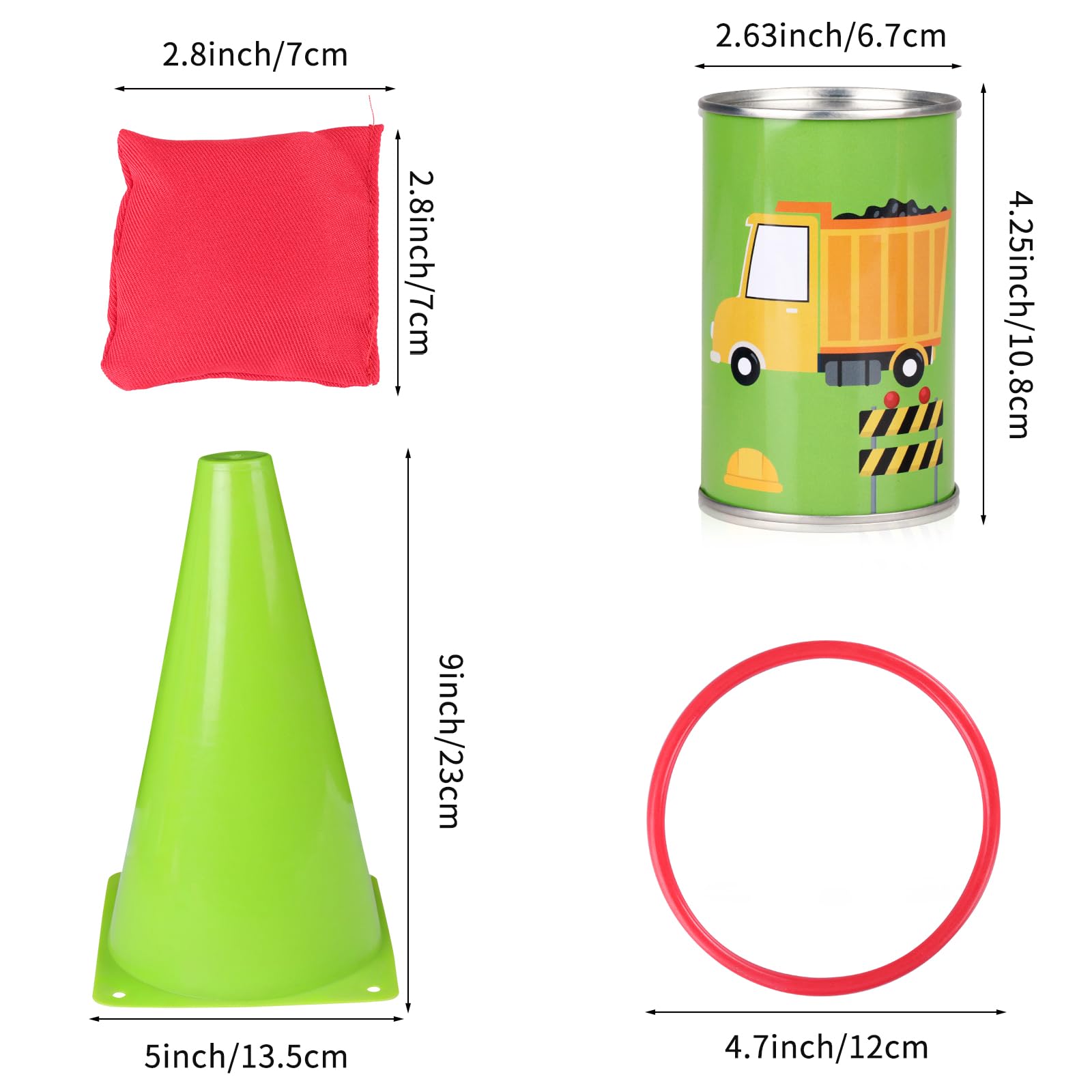 36 Pack Carnival Games Set, 4 in 1 Construction Truck Cans Soft Plastic Cones Cornhole Bean Bags Ring Toss Games Combo for Kids Adults Carnival Birthday Party School Indoor Outdoor Games Supplies