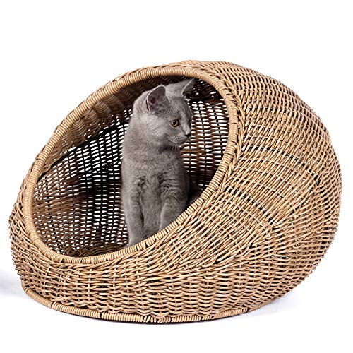D+GARDEN Wicker Cat Bed Dome for Medium Indoor Cats - a Covered Cat Hideaway Hut of Faux Rattan Houses Pets in Dome Basket, Washable