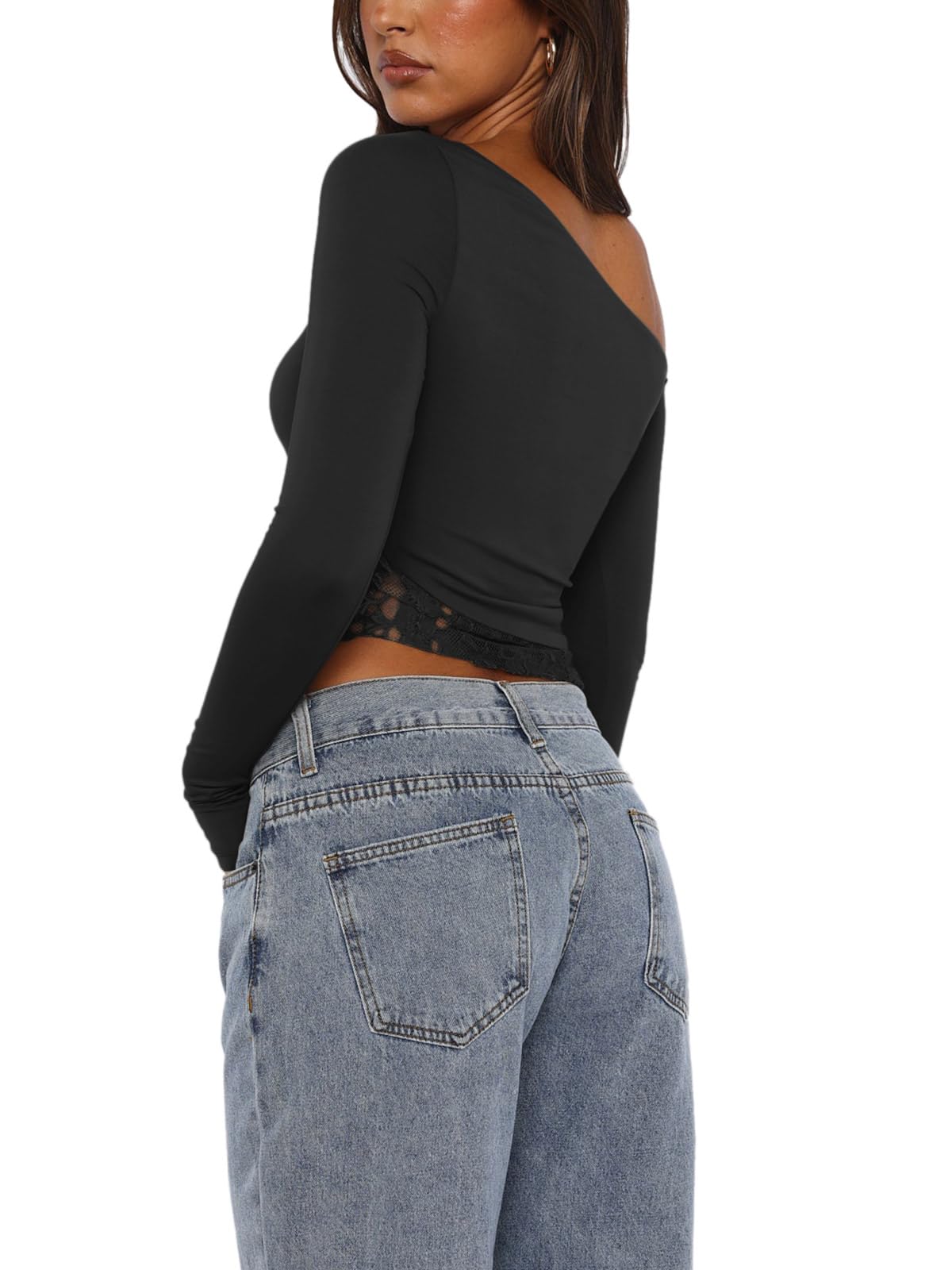 REORIA Womens Off The Shoulder Long Sleeve Tops Lace Double Lined Crop Tops Regular Fitted Shirts Going Out Y2k Trendy Tops Black Small
