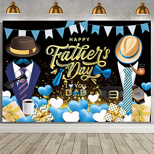 MEHOFOND 7x5ft Happy Father's Day Backdrop Blue Necktie I Love You Dad Black and Gold Father's Day Background Gift Black and Gold Father's Day Decoration Family Party Photo Booth Supplies Banner