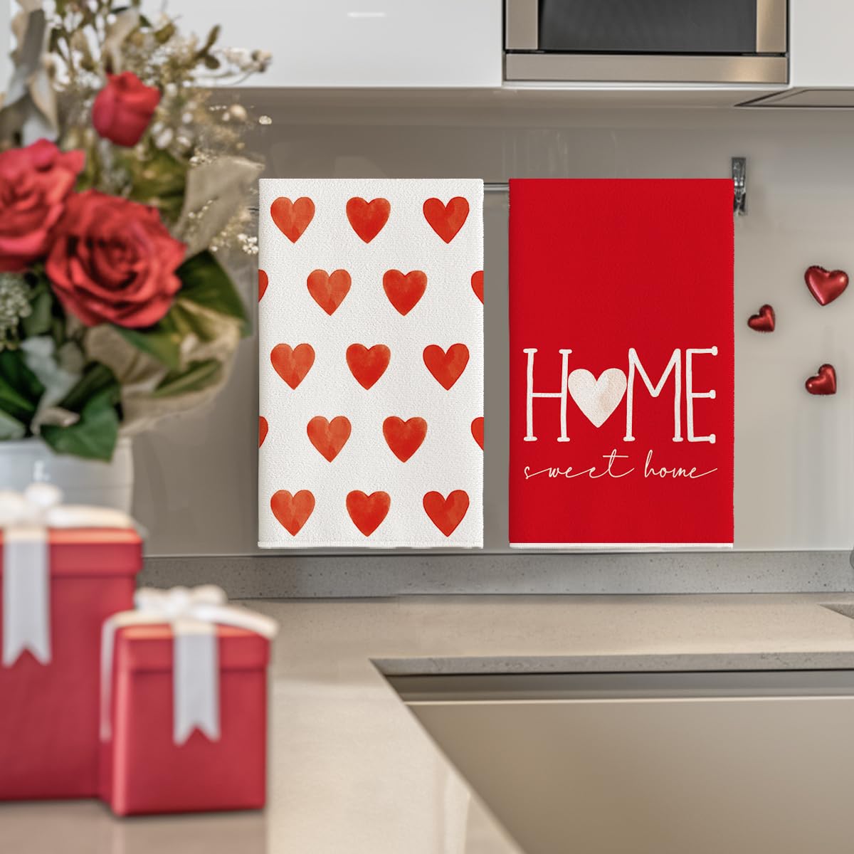 Artoid Mode Red Heart Love Valentine's Day Kitchen Towels Dish Towels, 18x26 Inch Farmhouse Anniversary Wedding Decoration Hand Towels Set of 4