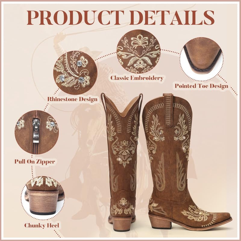 Dixhills Brown Cowboy Boots for Women - Wide Calf Knee High Cowgirl Boots, Glitter Sparkly Rhinestone Western Country Boots with Classic Embroidery, Pointed Toe Pull On Zipper Retro Boots Size 12