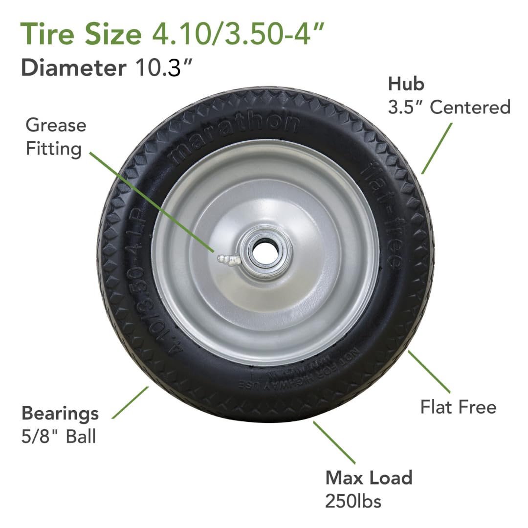 Marathon 4.10/3.50-4" Flat Free, All Purpose Utility Tire on Wheel, 3.5" Centered Hub, 5/8" Bearings