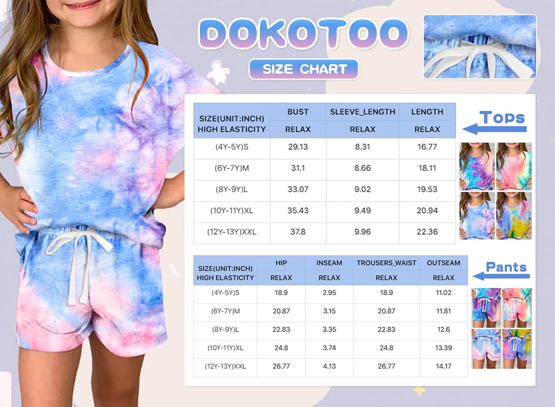 Dokotoo Girls Summer Cute T-Shirt Shorts Outfits Set Short Sleeve Tops Tee Clothes Crew Neck Tie Dye Stretchy Drawstring Waist Shorts with Side Pockets Size 8-9 Sky Blue