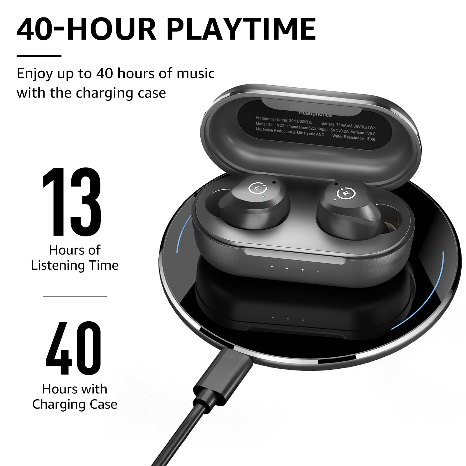 TOZO NC9 Hybrid Active Noise Cancelling Wireless Earbuds, in Ear Headphones IPX6 Waterproof Bluetooth 5.3 Stereo Earphones, Immersive Sound Premium Deep Bass Headset Matte Black