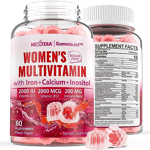 Sugar-Free Methylated Multivitamin for Women Gummies w/Algae Calcium, Vitamin A, C, D3, E, K, B12, Iron, Folate, Biotin, Inositol - Multi Vitamins & Minerals for Skin, Hair, Energy, Immune, Bone Vegan