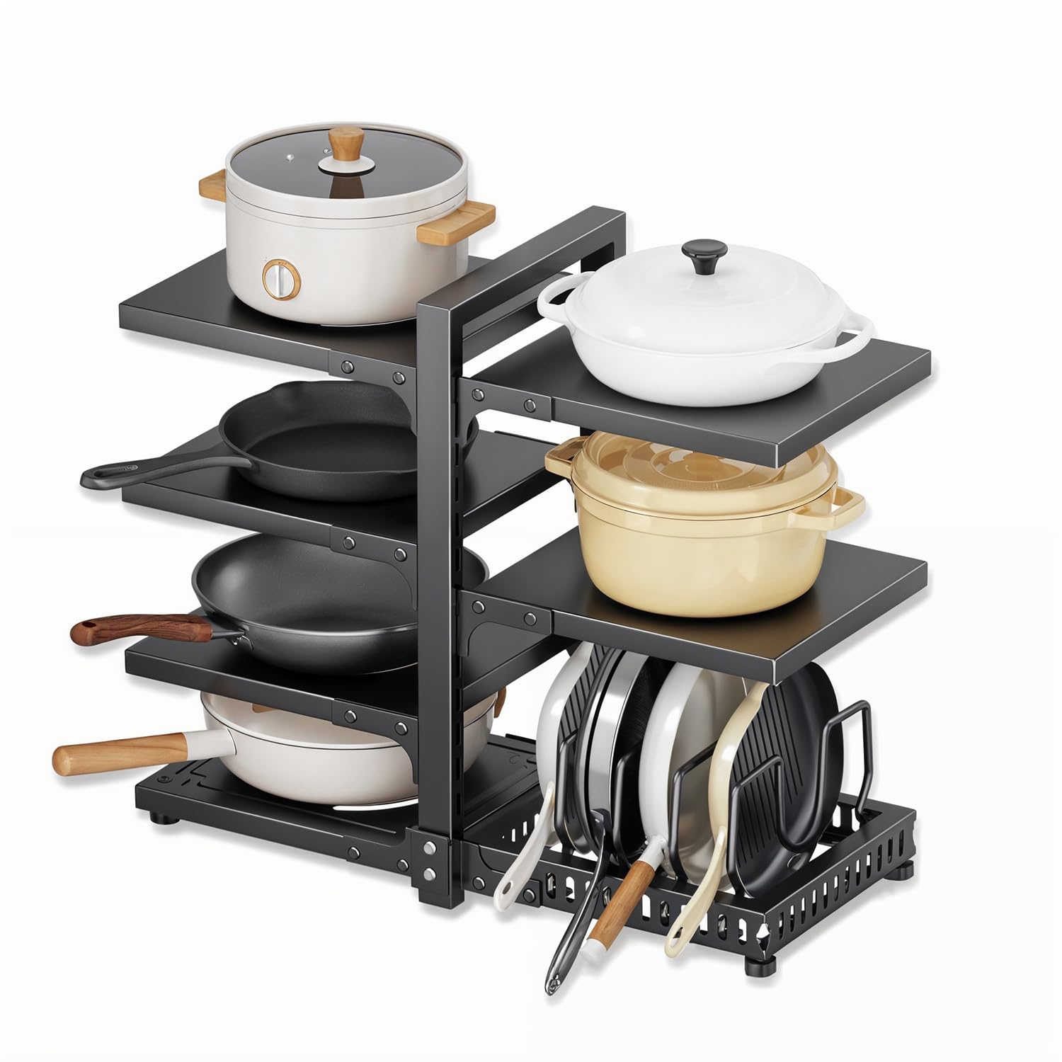 OUTIOE Heavy Duty Pots and Pans Organizer under Cabinet, 7-Tier Adjustable Pan Organizer Rack for Kitchen Cabinet Organizers and Storage (Black)