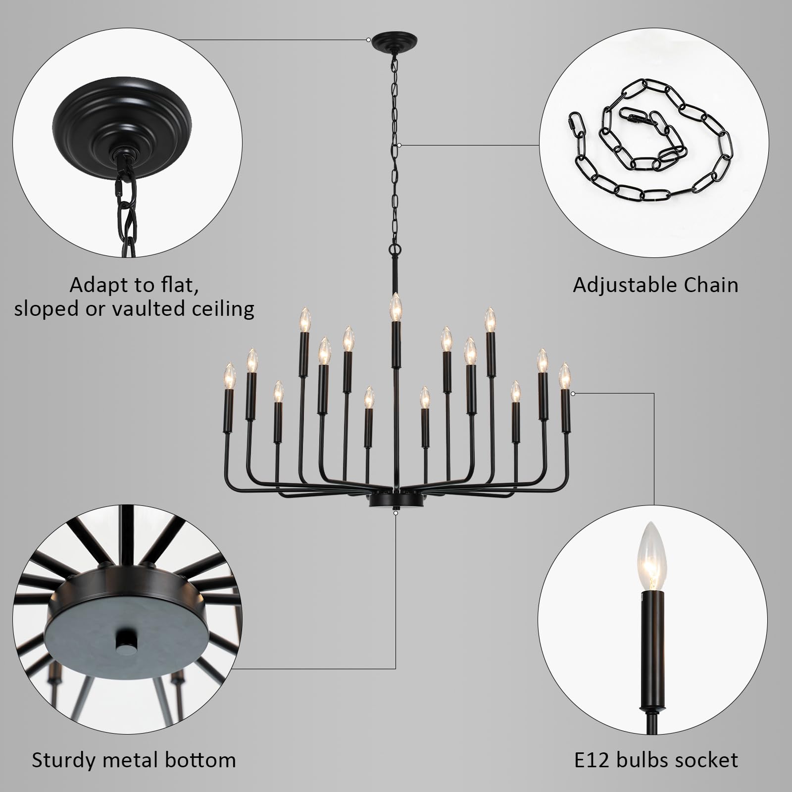 Gifarich Black Chandeliers for Dining Room Light Fixture Over Table, Modern Farmhouse Chandeliers for Living Room, 15-Lights Industrial Metal Candle Chandeliers for Entryway Kitchen Island Foyer