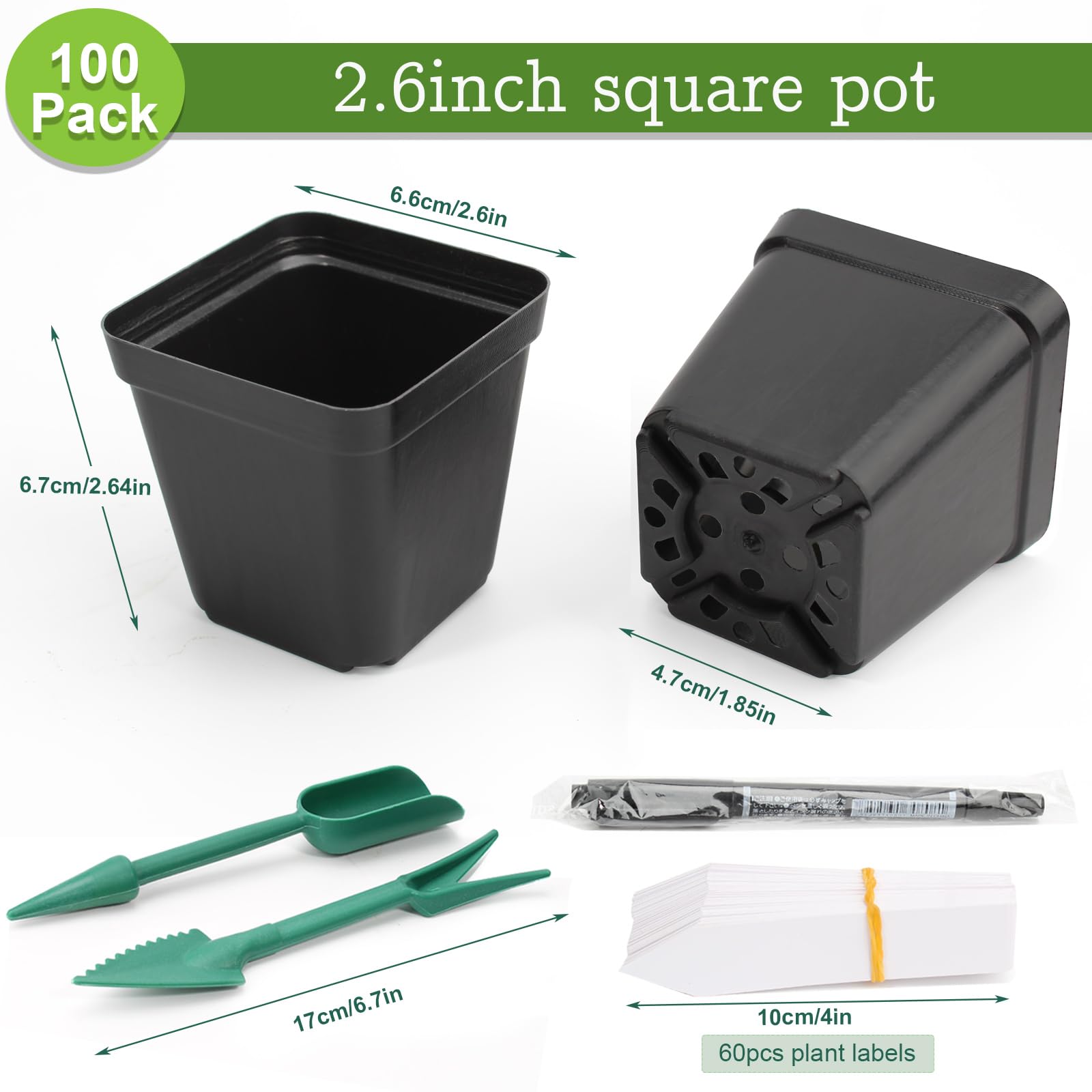 100Pcs Square Nursery Pots 2.6 Inch Flexible Plastic Seedling Pots Small Plant Pots Thick Seed Starter Pots for Plants, Succulent, Flower with 60Pcs Plant Labels