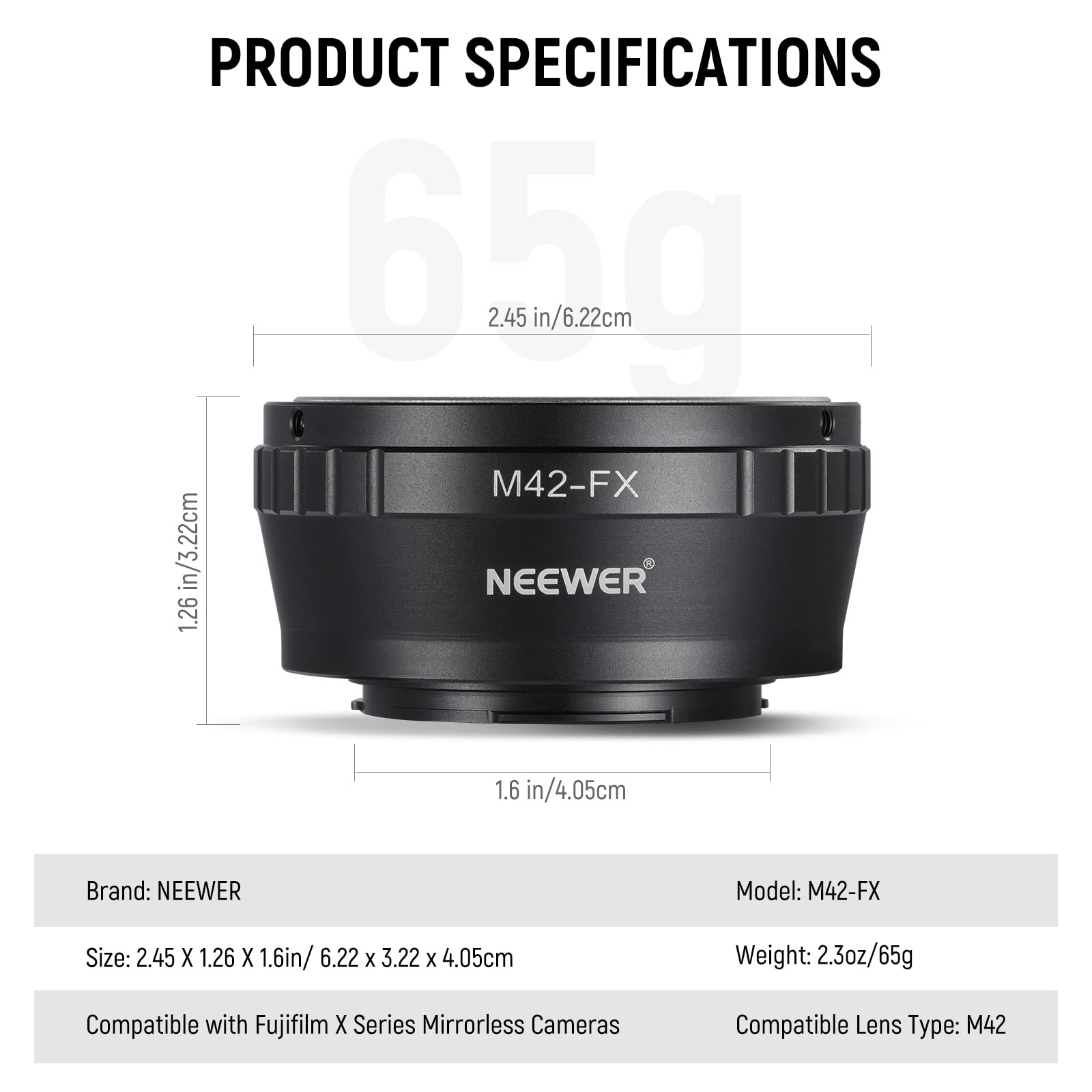 NEEWER M42 to Fuji X Lens Mount Adapter Compatible with M42 Lens to Fujifilm X Series Mirrorless Camera X-T2 X-T3 X-T5 X-T20 X-Pro3 X-Pro2 etc, Matte Black Interior, Manual Focus Only, M42-FX