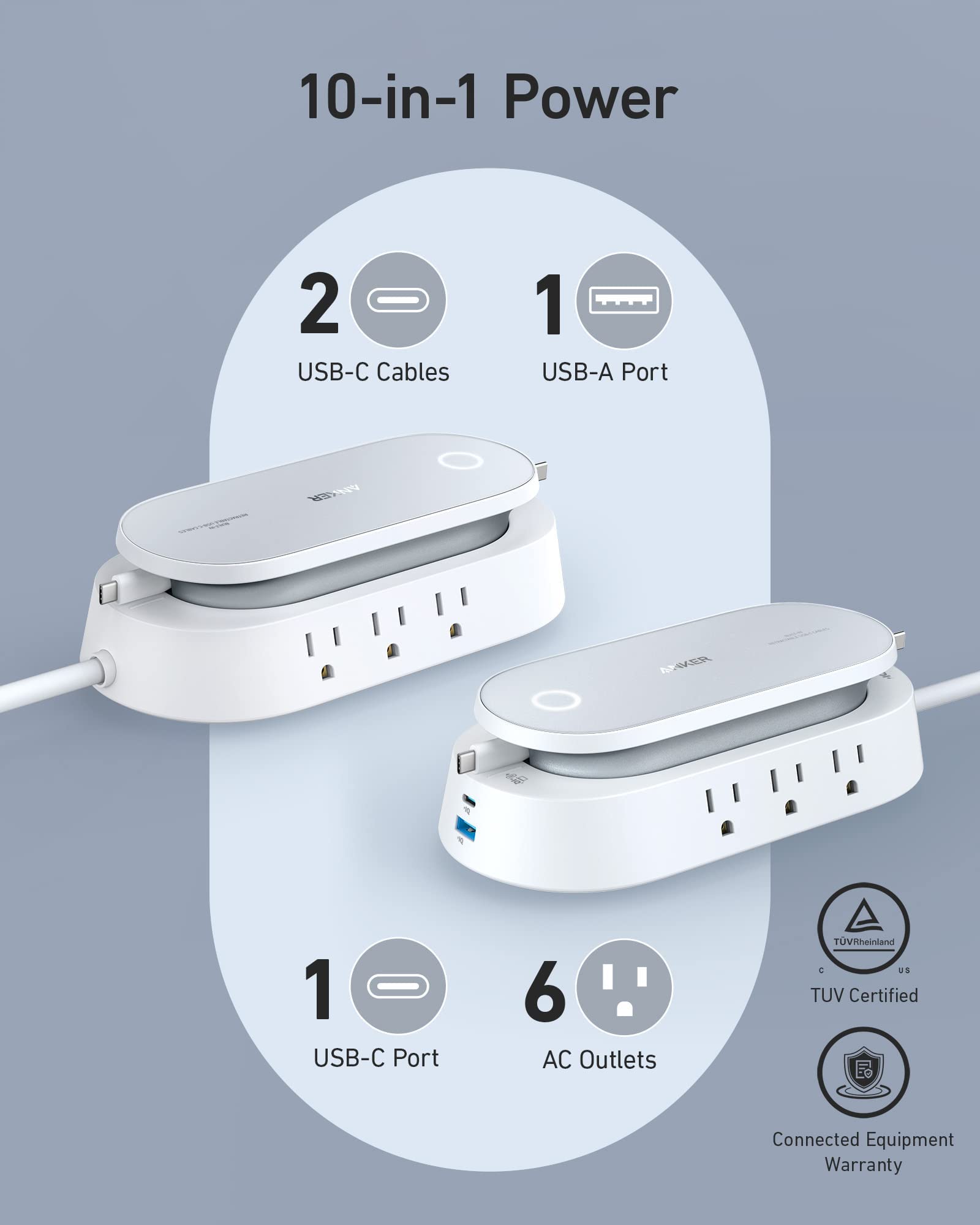 Anker 647 Charging Station (100W), 10-in-1 Power Strip with 6 AC, 1 USB-A, 1 USB-C, 2 Retractable USB C Cables (3ft), 5ft Extension Cord,Power Delivery for Conference Rooms, Desktop Accessory