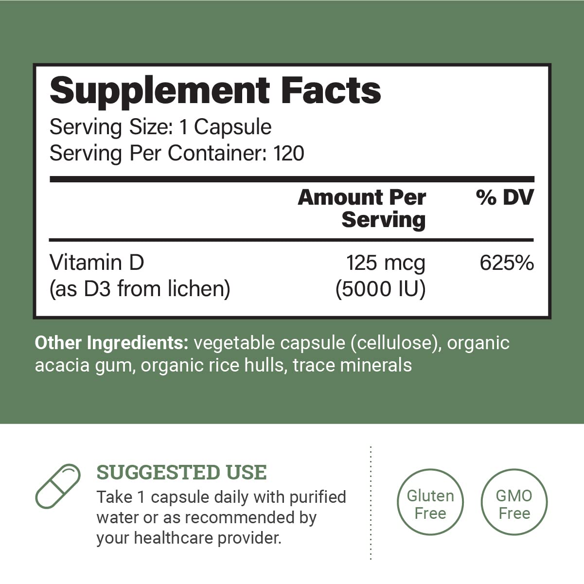 Earth Harmony Naturals Vegan Vitamin D3 5000 iu Supplement - Pure, High Potency Supplements for Immune Health & Strong Bones Support - Vitamin D 5000 iu - 120 Capsules, 4-Month Supply