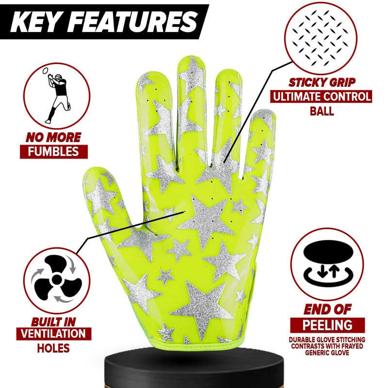 PLAYEUR Sticky Receiver Adult and Kids Football Gloves - Stretch Fit, Durable Grip | Youth Football Gloves for Boys 8-12 in Vibrant Colors