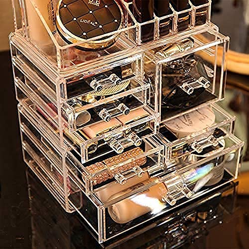 Cq acrylic 3 Pack Clear Makeup Organizer Countertop,Stackable 7 Drawers Skincare Organizer,Cute Skin Care Organizer for Vanity Hair Clip,Jewelry,Beauty Product Desk and Make Up Organizers for Vanity