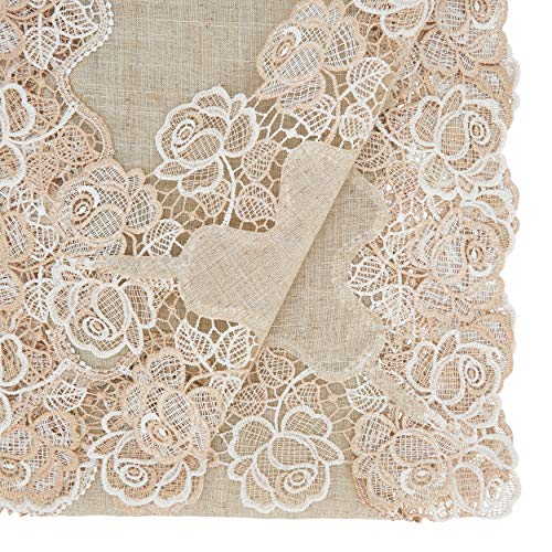 SARO LIFESTYLE June Collection Lace Rose Border Table Runner, 16" x 120", Natural