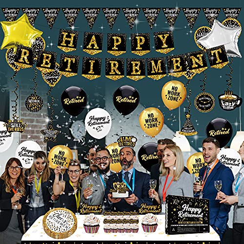 Happy Retirement Party Decorations supplies - (80pack) black gold party Banner, Pennant, Hanging Swirl, retirement balloons, Tablecloths, cupcake Topper, Crown, plates, Photo Props, retired Sash