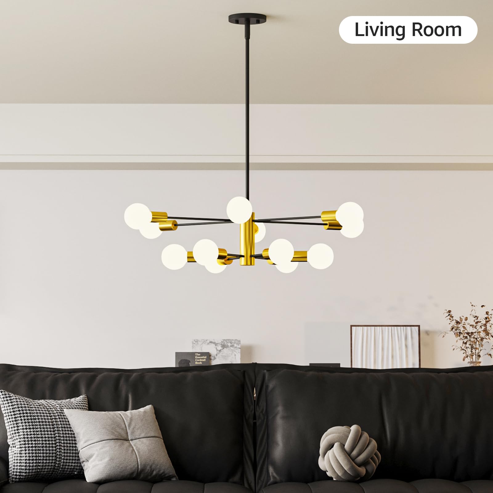 Zevluck 12-Light Modern Chandelier, Dining Room Light Fixtures Over Table, Black and Gold Chandelier with Adjustable Rods, Sputnik Chandeliers for Dining Room, Living Room, Kitchen Island, Foyer