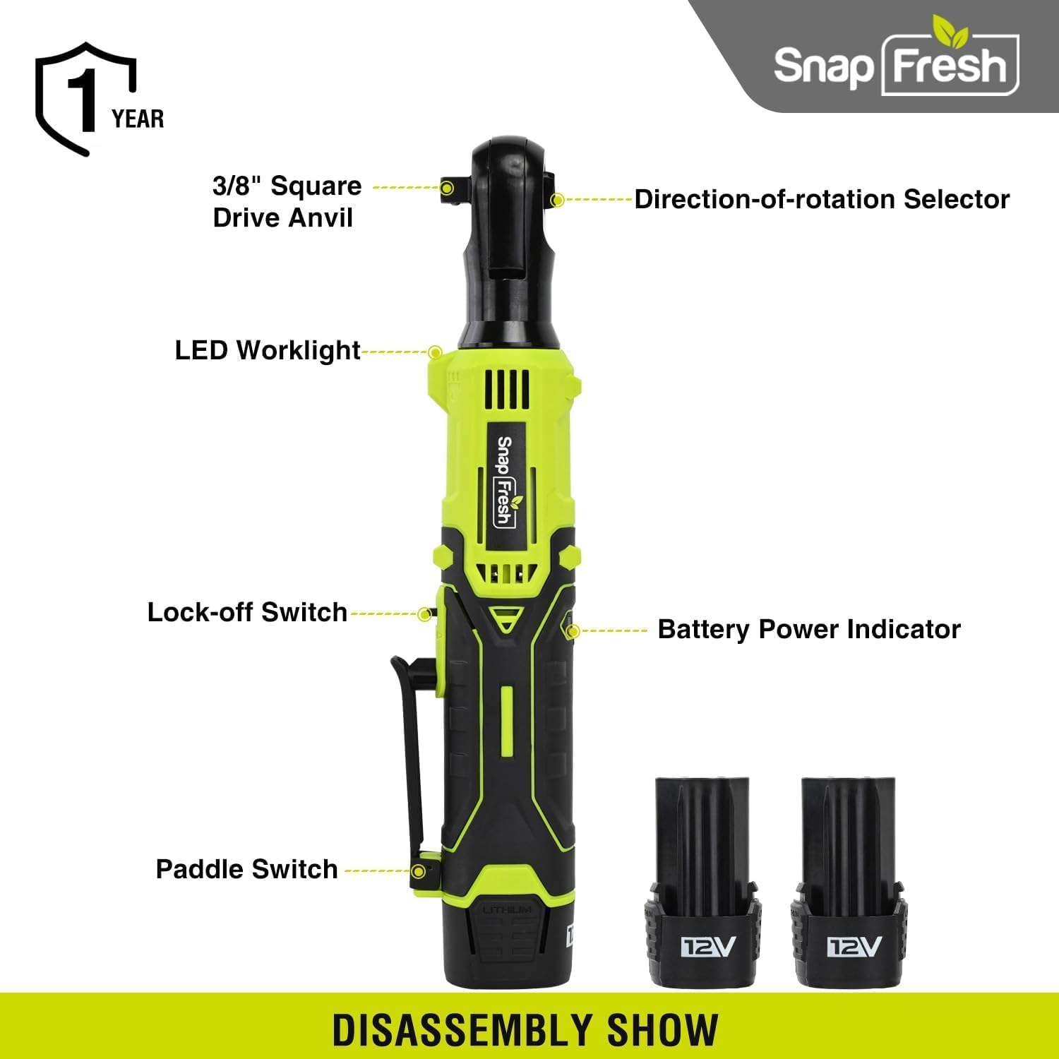 SnapFresh Cordless Electric Ratchet Wrench – 55 ft-lbs Torque, 12V Sub-Compact 3/8" Drive Power Tool with Variable Speed, 9 Sockets, 1/4" Adapter, (2×2.0Ah Batteries & Fast Charger)