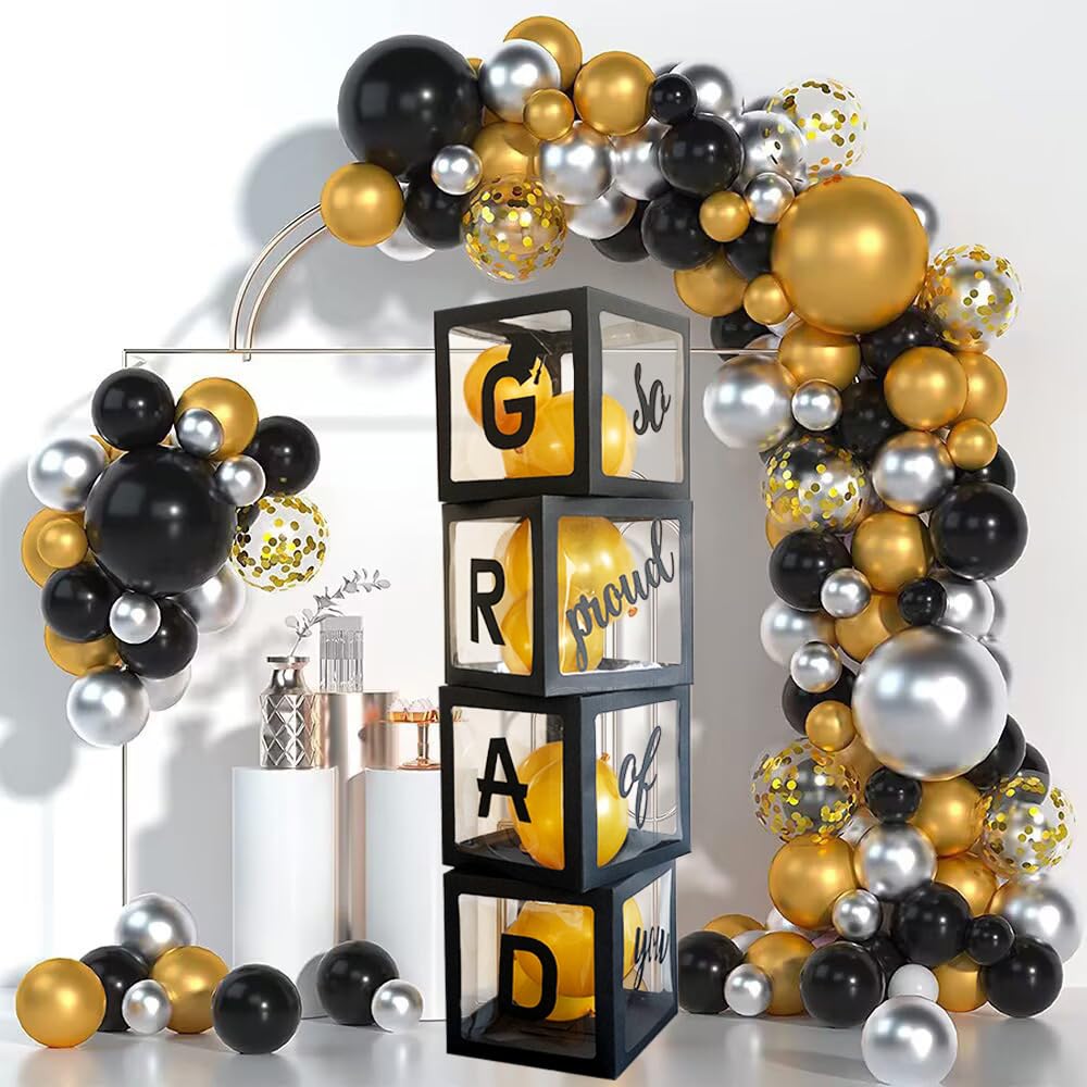 Balloons Boxes Grad So Proud of You Graduations 2024 for Graduation Party Decorations Supplies for Indoor/Outdoor Home Door Décor 4 Pcs Black Balloons Transparent Boxes(NO Balloons)