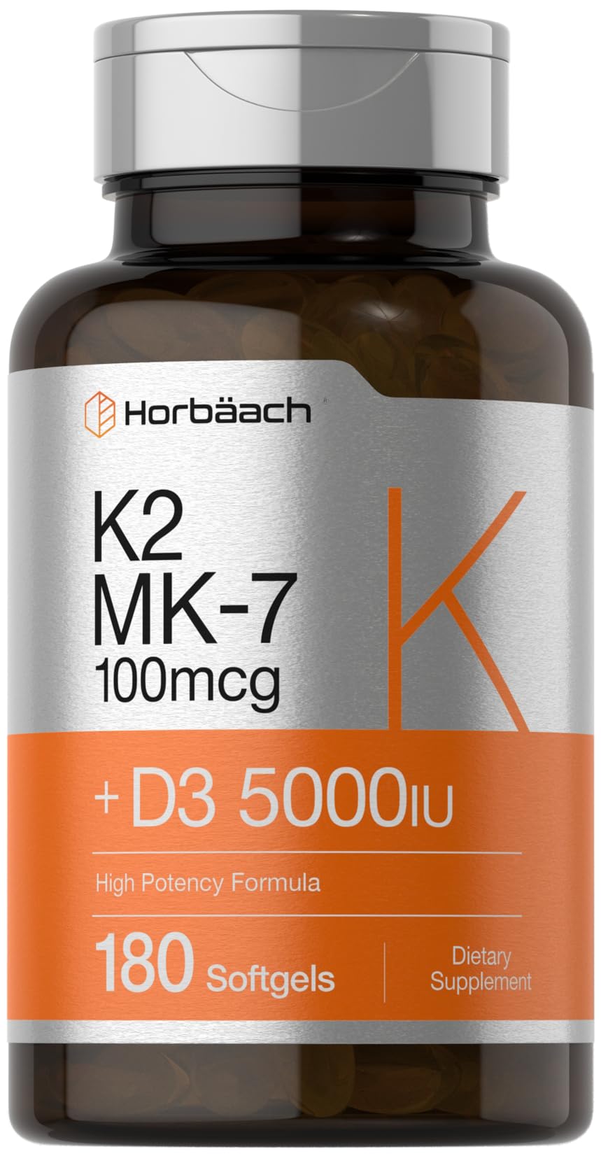Horbäach Vitamin D3 K2 5000 iu | 100mcg MK-7 Complex | 180 Softgel Capsules | Non-GMO & Gluten Free Supplement