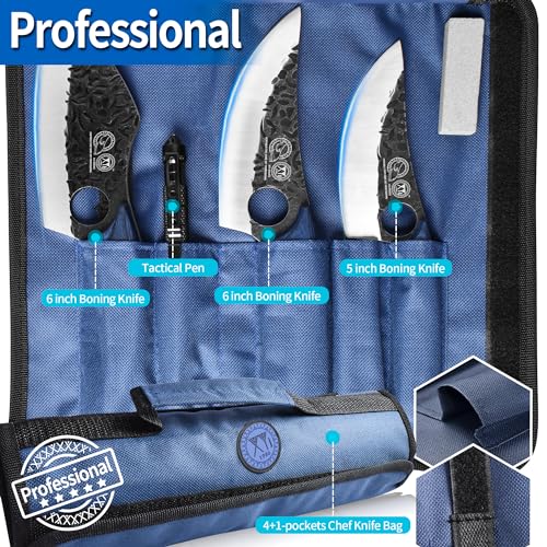 XYJ Professional Kitchen Knife Set with High-Carbon Steel Forged Blades, Chef's Knife, Cleaver, Carving Knife, Nakiri, Full Tang Design, Includes Carrying Bag & Poultry Scissors (5)