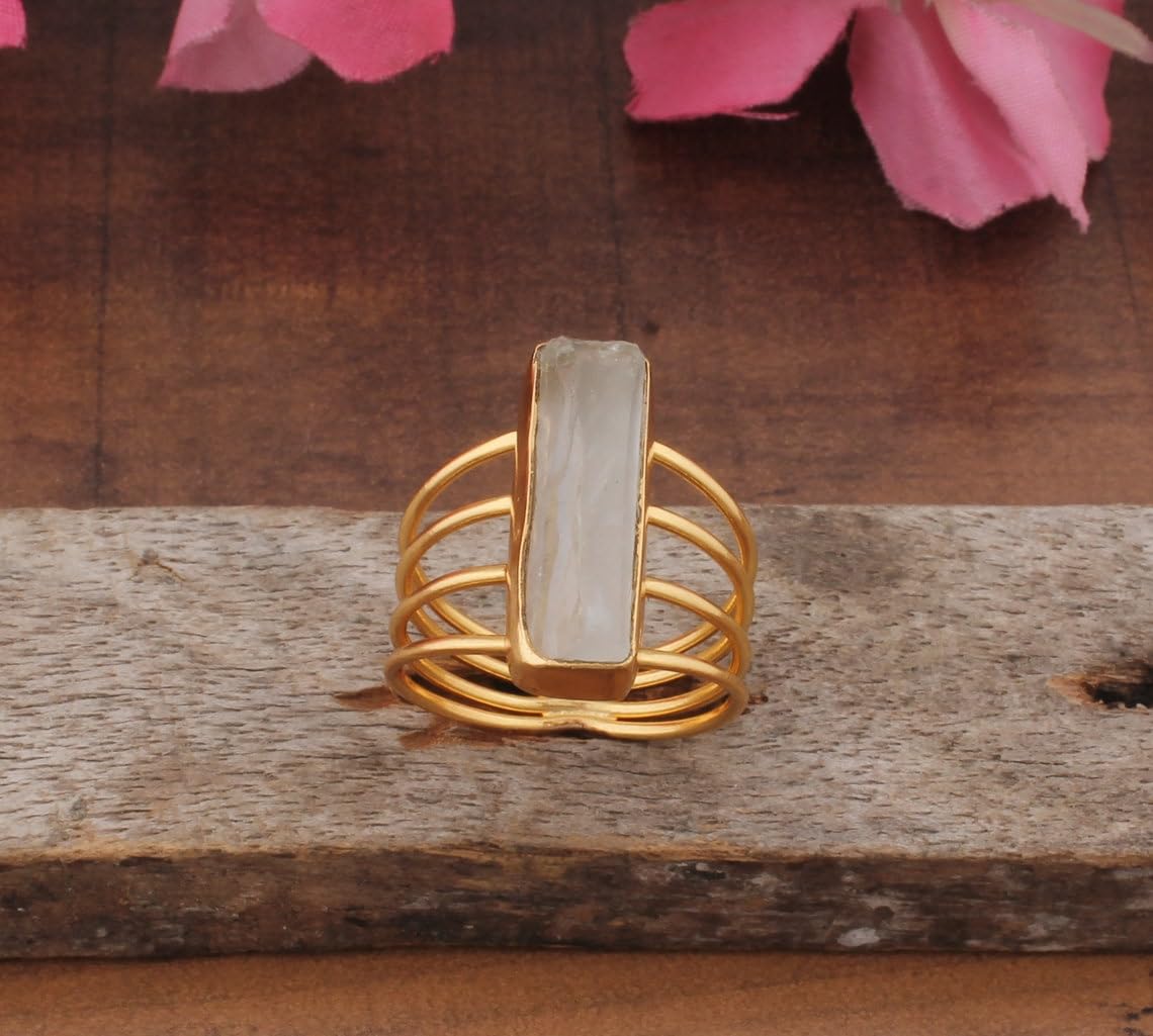 Raw Aquamrine 14kt Gold Plated Brass Ring Gift For Her, Handmade Natural Rough Gemstone Ring For Women Wedding Anniversary Jewelry