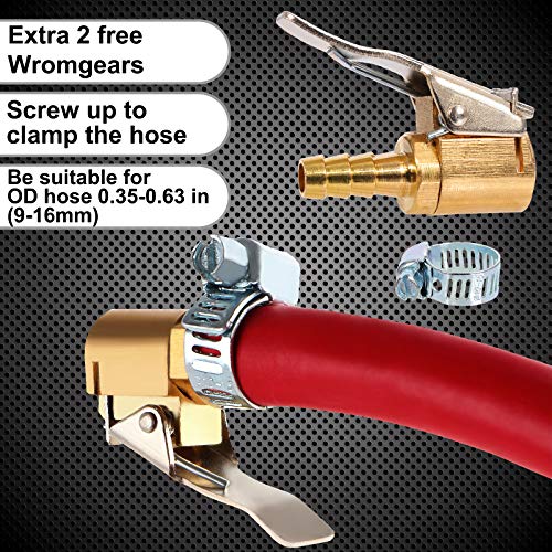 Toolwiz 2pcs Lock Inflate Locking Air Chuck with Clip, 1/4 Inch Brass Portable Lock on Tire Inflator Chuck Hose Adapter Tire Chucks Air Compressor Hose End with Barb Connector for Hose Repair