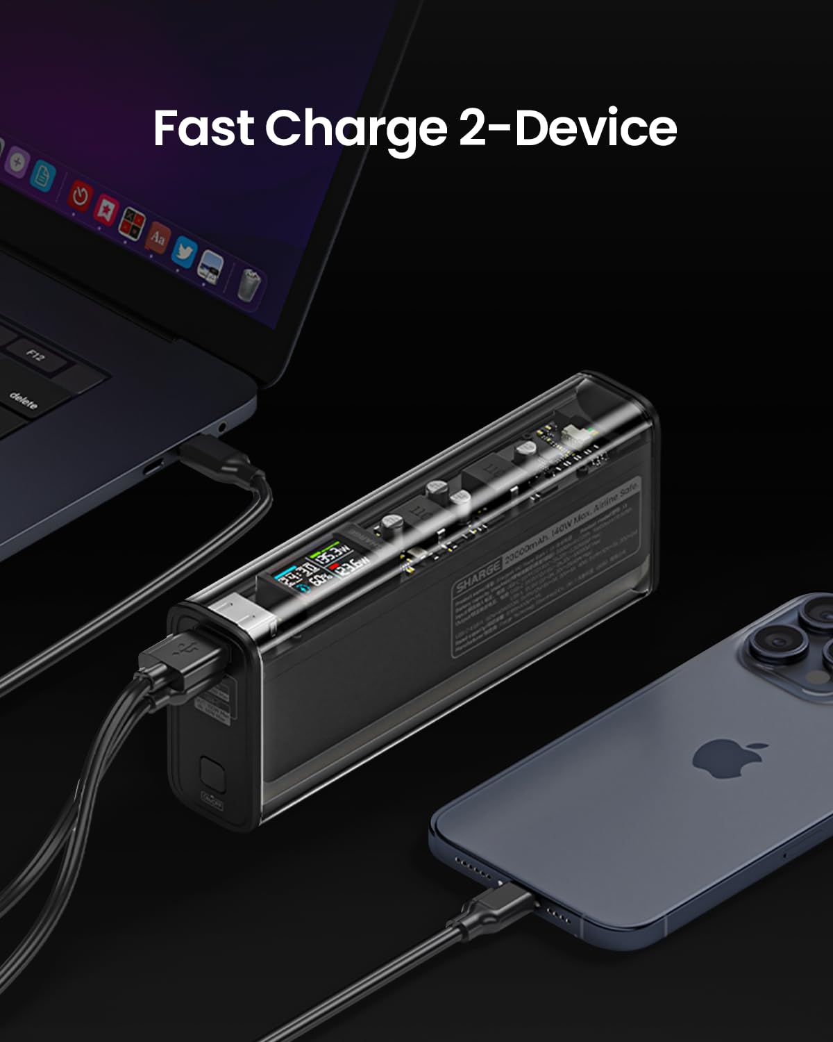 SHARGEEK 140 Power Bank, 140W Output 20000mAh Portable Charger, Transparent Power Bank with Screen Display, USB C& USB A Port Laptop Power Bank for iPhone 15/14/13 Series Samsung MacBook Steam Deck