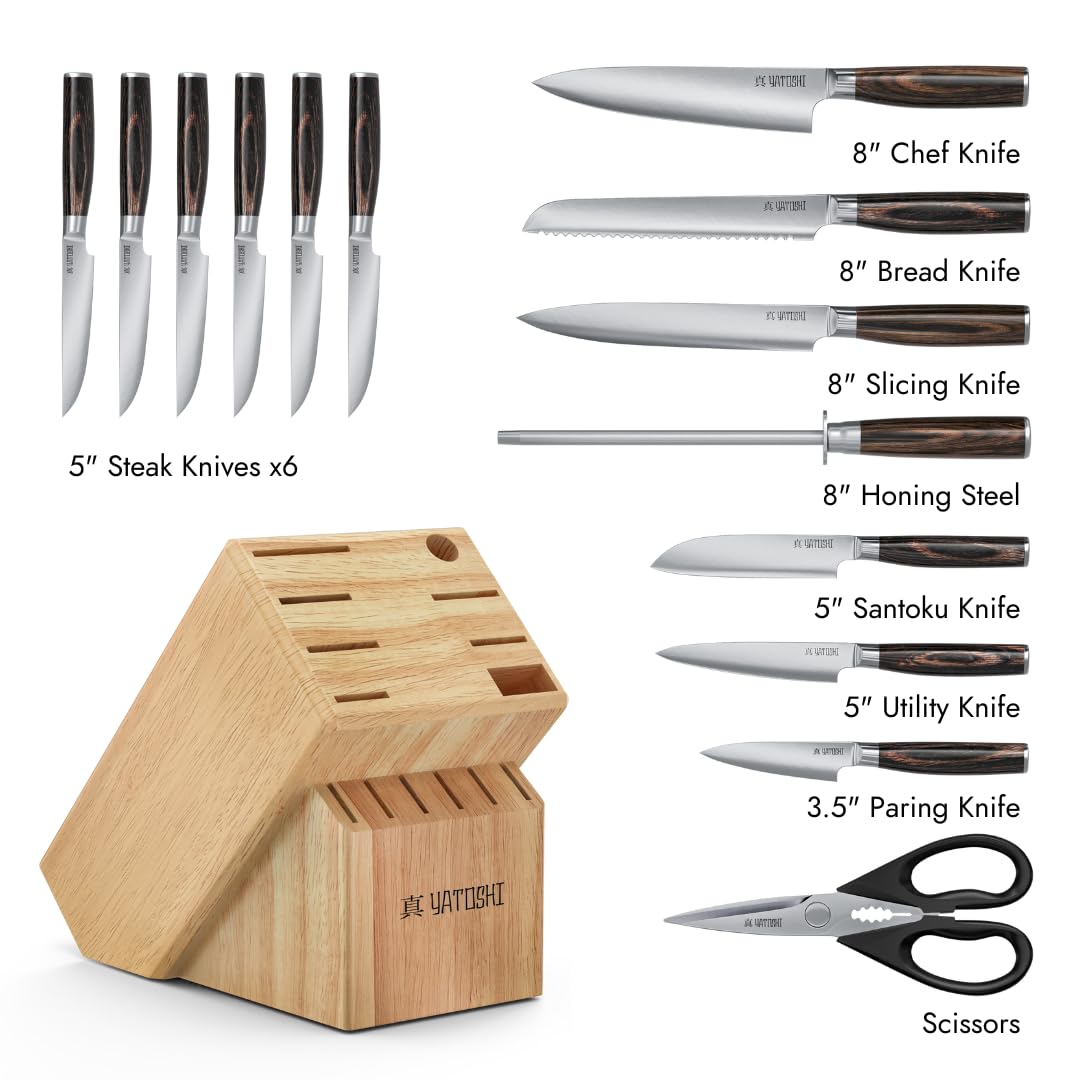 Yatoshi 15 Knife Block Set - Pro Kitchen Knife Set Ultra Sharp High Carbon Stainless Steel with Ergonomic Handle