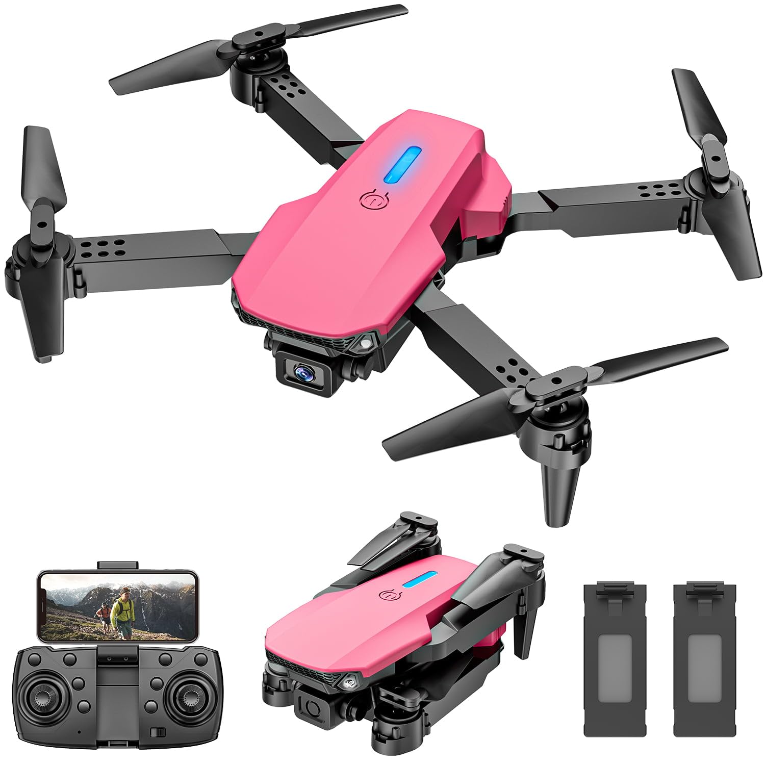 Drone for Kids 8-12, 13-15, Drone with Camera, Foldable Remote Control Quadcopter with Altitude Hold, Gestures Selfie, One Key Start, 360° Flips, 2 Batteries, Toy Gifts for Boys Girls (Pink)