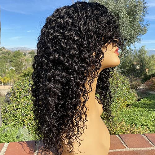 INSBEAUTY Jerry Curly Human Hair Wigs With Bangs 200% Density Virgin Human Hair Glueless Scalp Base Top Full Machine Made Wig For Black Women Brazilian Curly Wigs Natural Color 14 Inch