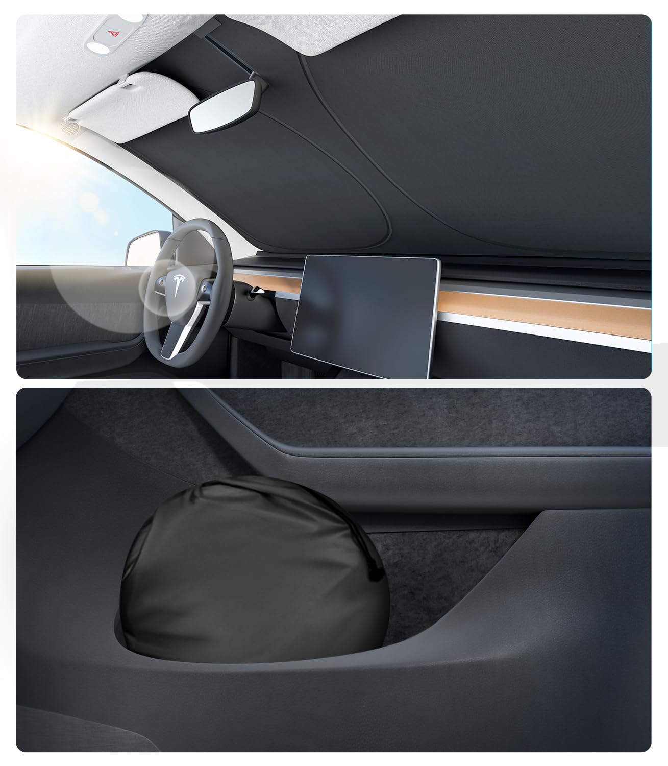 Wigoo 2024 Upgraded Accessories Tesla Model Y Windshield Sunshade [OEM Design, 100% Sun Blockage] Foldable Heat Insulation Sun Shade with Storage Bag, for Tesla Model Y 2016~2024, Silver Coating