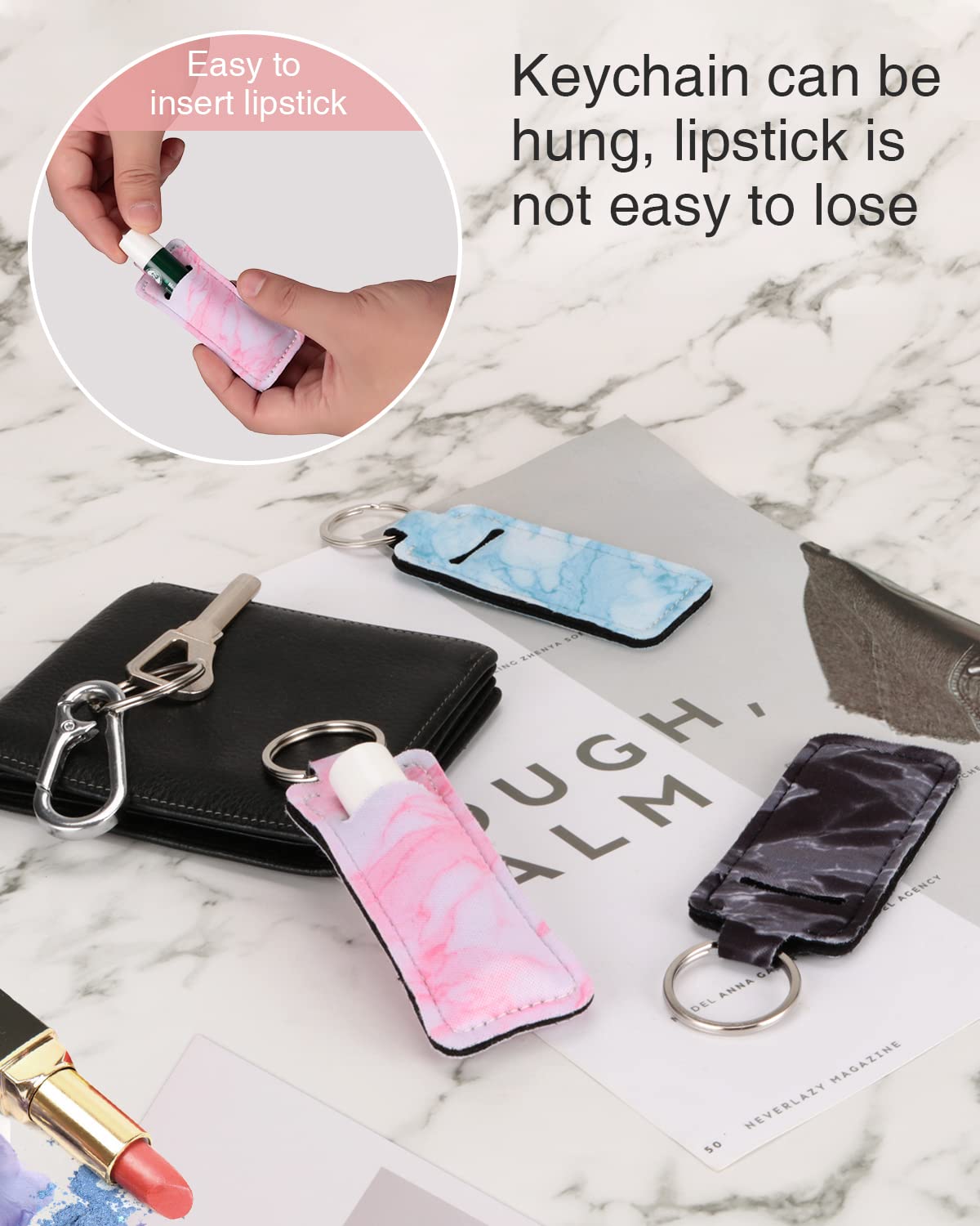 Meiiy Chapstick Holder Keychain Lip Balm Keychain Lipstick Sleeve Pouch Portable Pocket Lip Gloss Tube Holder Stocking Stuffers Gift for Women (5pcs-marble)