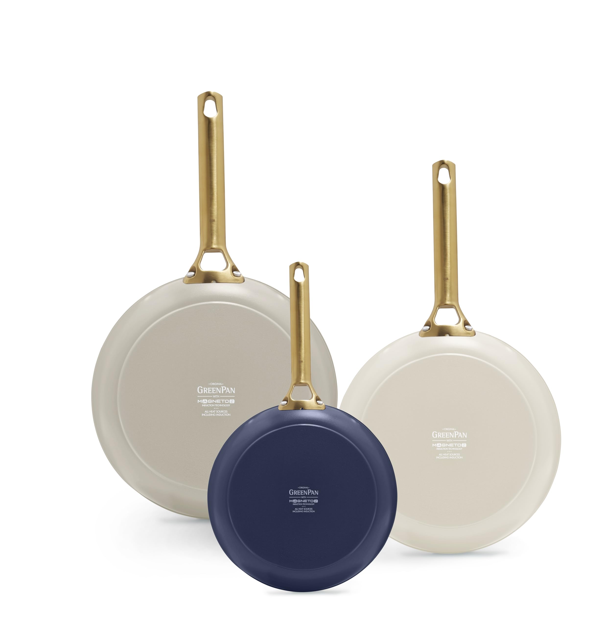 GreenPan Reserve 8” 10” and 12” Induction Suitable Frying Pan Set, Ceramic Nonstick Hard Anodized Skillets, PFAS & PFOA-Free, Dishwasher and Oven Safe, Gold Handles, Navy, Taupe, Cream Mixed Colors