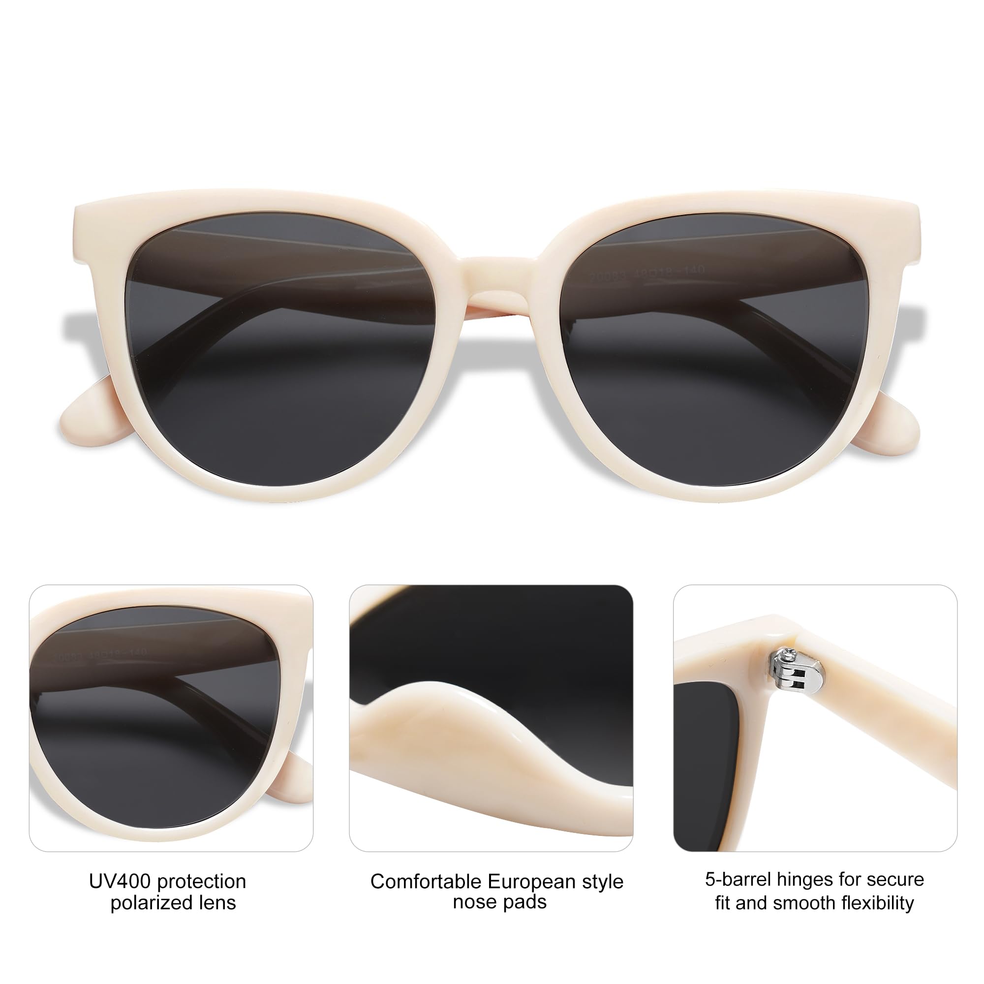 SOJOS Trendy Cat Eye Round Polarized Sunglasses for Women Fashion UV Protection Sunnies Sunglasses SJ2175, Beige Frame/Grey Lens