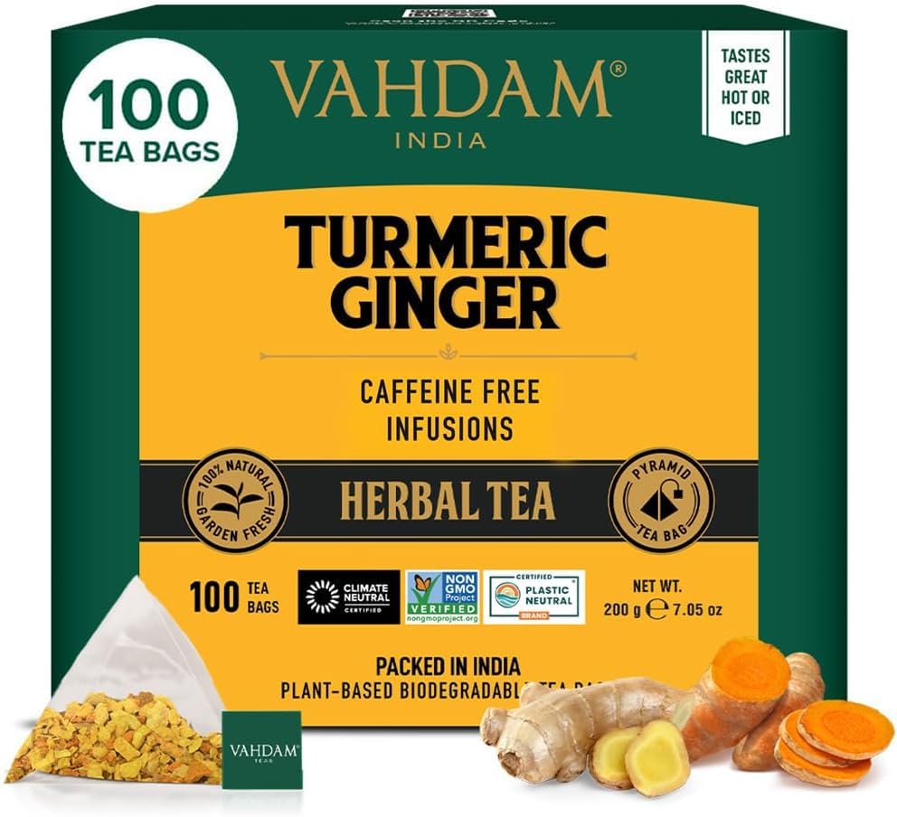 VAHDAM, Turmeric Ginger Herbal Tea Bags (100 Pyramid Tea Bags) Caffeine Free, Non GMO, Gluten Free | 100% Pure Herbal Blend - Savory & Spicy | Plant-Based Tea Bags | Resealable Ziplock Pouch