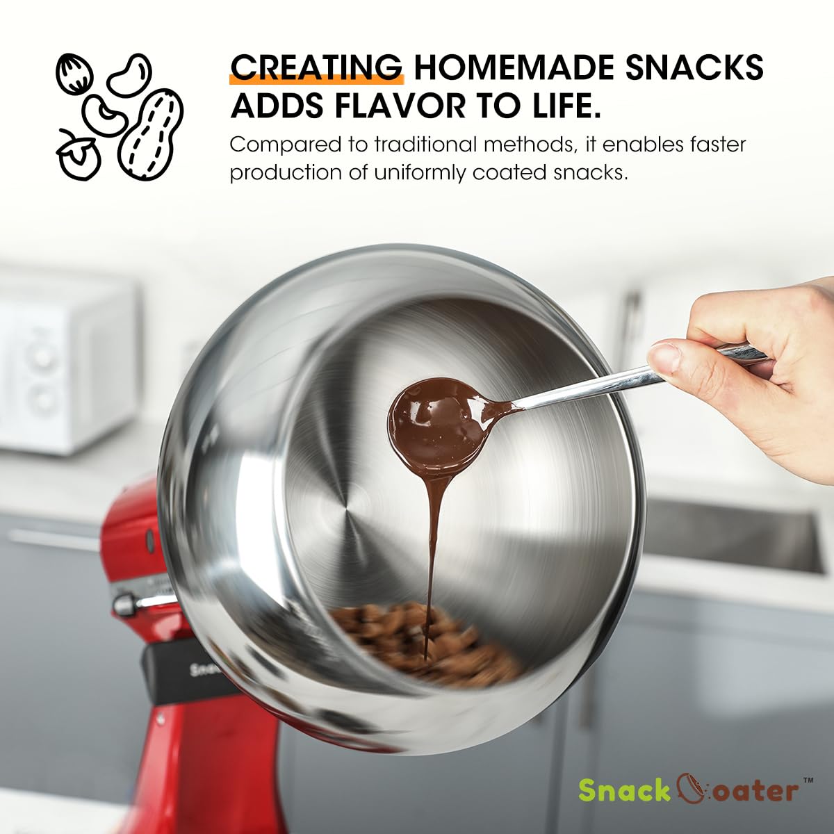 Aieve Snack Coater Compatible with KitchenAid Tilt-Head Stand Mixer for Making Chocolate Covered Almonds, Pistachio, Peanut, Freeze Dried Strawberry, Raisin, Macadamia Nuts and Blueberry