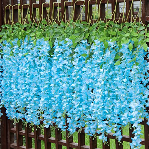 Pauwer Wisteria Hanging Flowers 24 Pack Fake Flower Garland Artificial Wisteria Vines Rattan Silk Flower String Wedding Party Wall Decorations,Blue