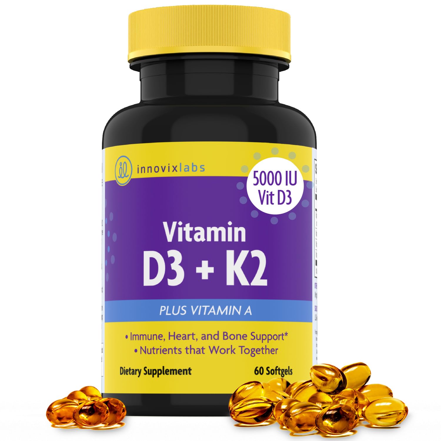 InnovixLabs Vitamin D3 K2-5000 IU Vitamin D3 plus 600 mcg Vitamin K2 MK4 and MK7 for Max Calcium Absorption, Supports Bone, Immune, Heart Health, 3rd Party Tested, Gluten Free, 60 Softgels