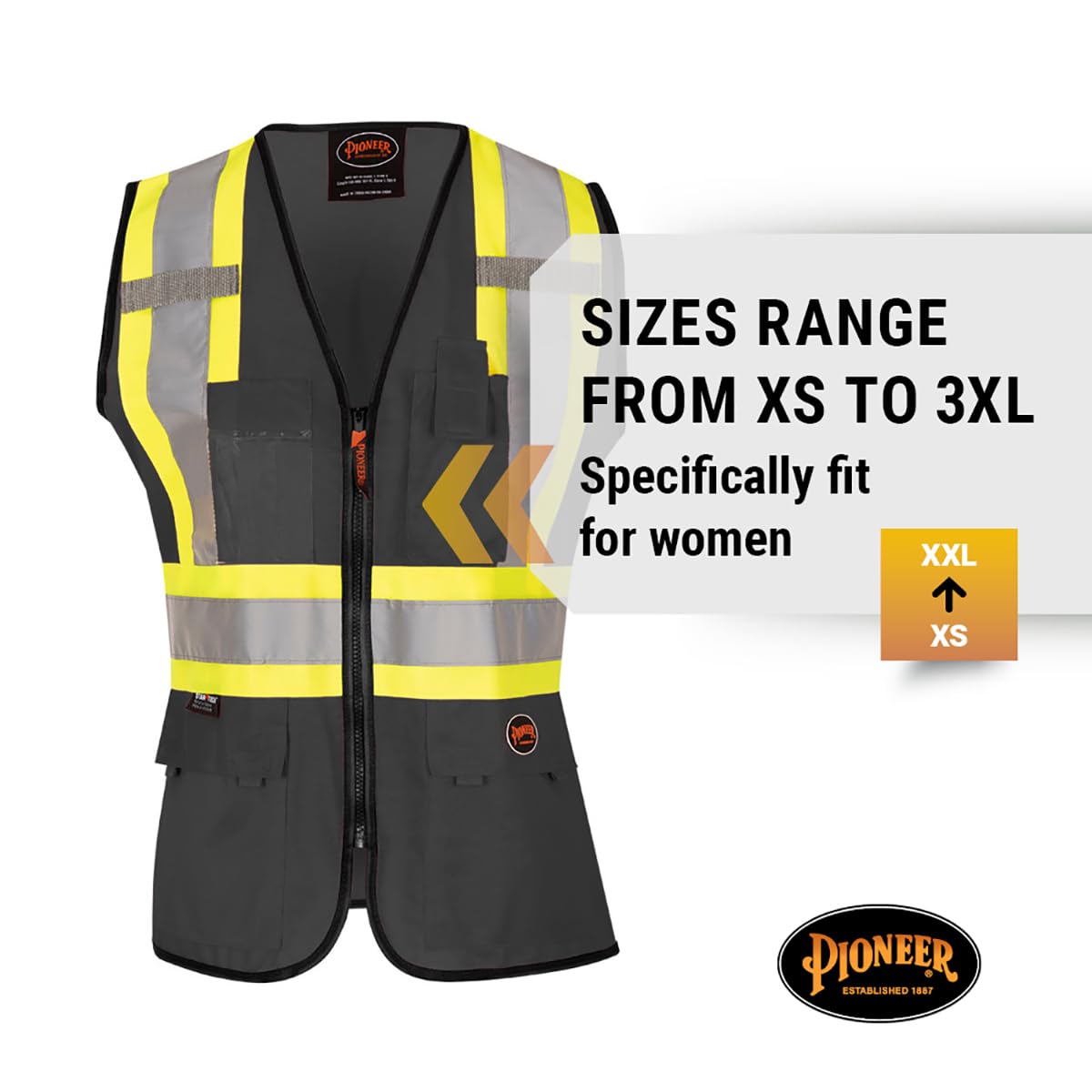 Pioneer Safety Vest for Women with Pockets - Hi-Vis Reflective Tape - for Construction - Black
