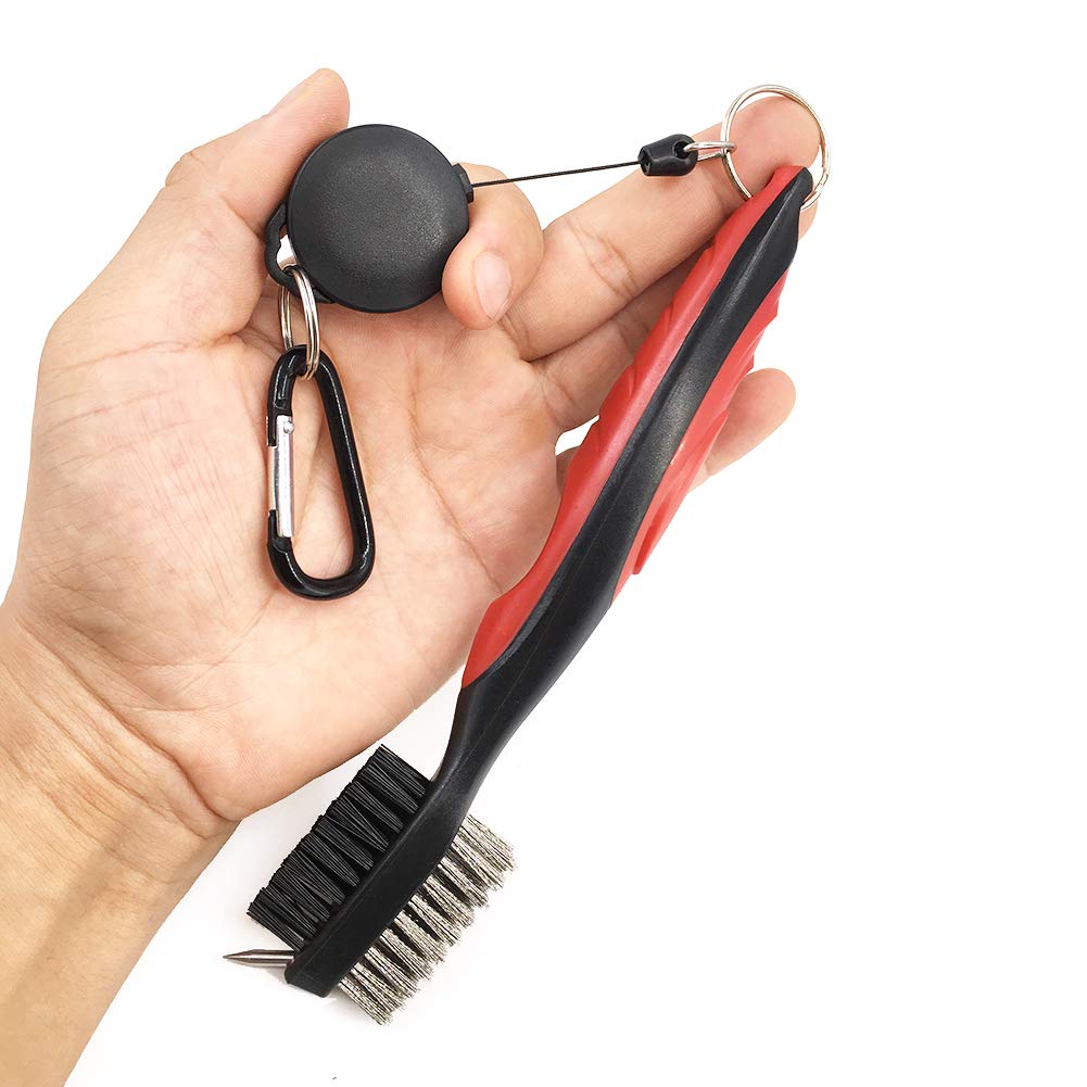 HH-Eason Durable Golf Club Groove Cleaner Brush and Golf Shoes Cleaner Brush Handle Dirt Mud Remover Cleaner Tools Retractable Zip-line Aluminum Carabiner (Shoe Brush and Club Brush)